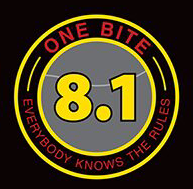 A yellow and black logo for one bite 8. 1