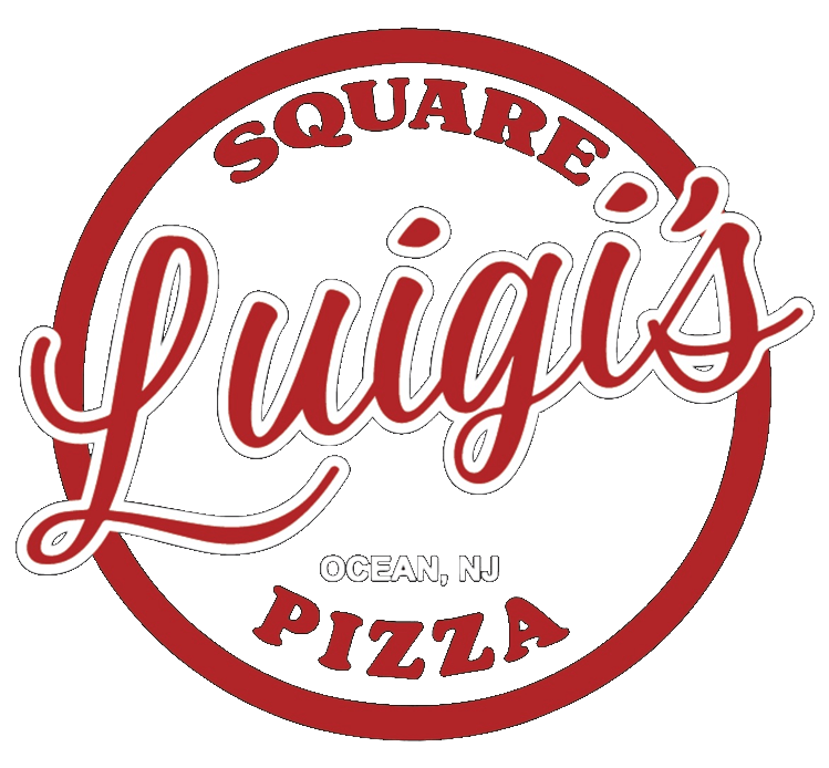 A red and white logo for luigi 's square pizza.