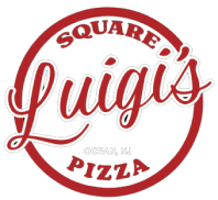 A red and white logo for luigi 's square pizza.
